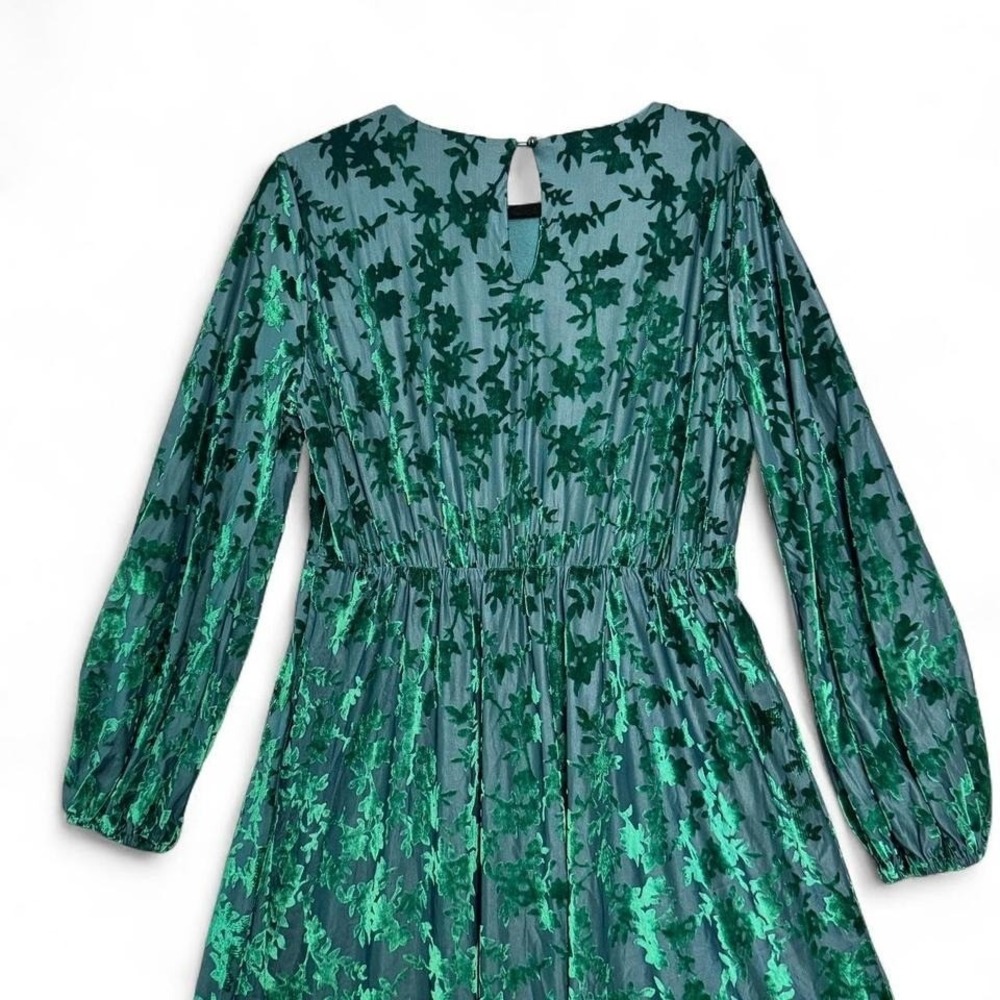 Emerald Green Velvet Burnout Midi Dress Sz L Whimsigoth Fairy Formal Floral - Picture 4 of 7